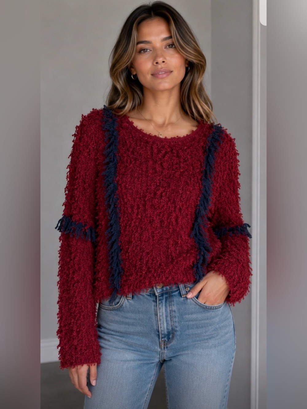 Free the Roses Gretta burgundy Textured Fringe Sweater - Women medium